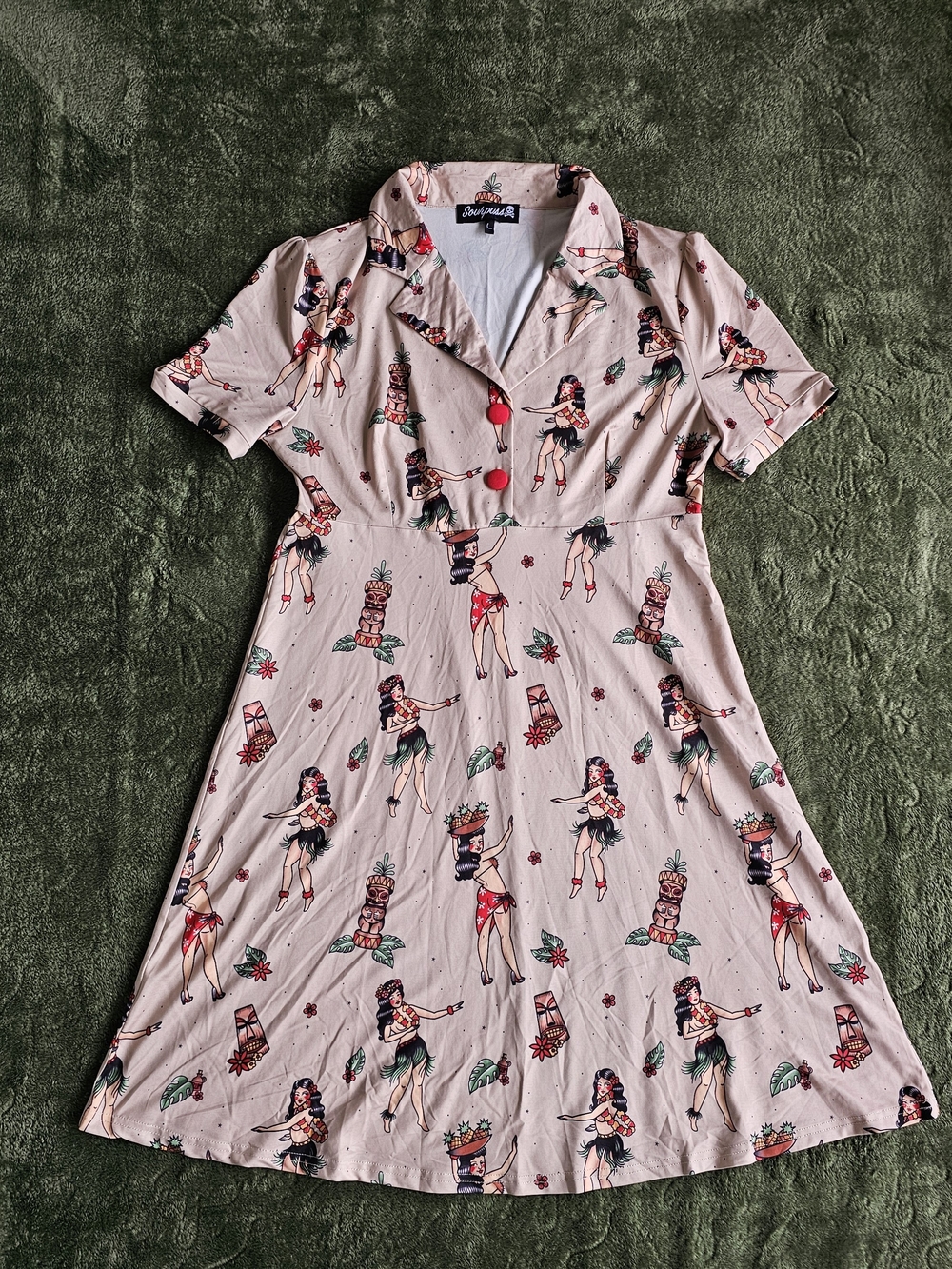 Sourpuss Pinup Paradise Tiki Print Fit & Flare Dress Hawaiian Retro Rockabilly